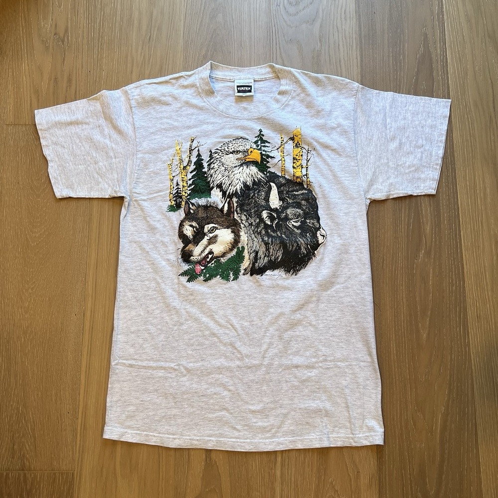 Vintage 1992 Eagle Wolf Buffalo T Shirt Tultex USA Wildlife Graphic Mens L 90s